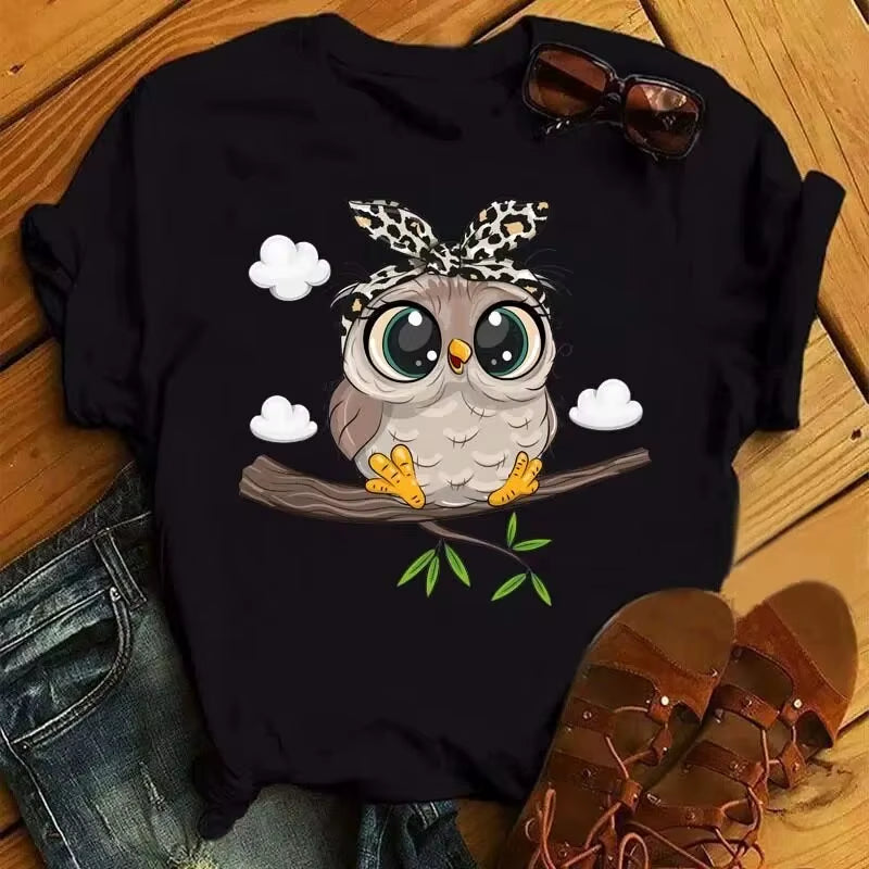 Cartoon Owl Print T Shirt Women Kawaii Graphic Shirts Casual Short Sleeved Black Female Tee O-Neck Harajuku T-Shirts